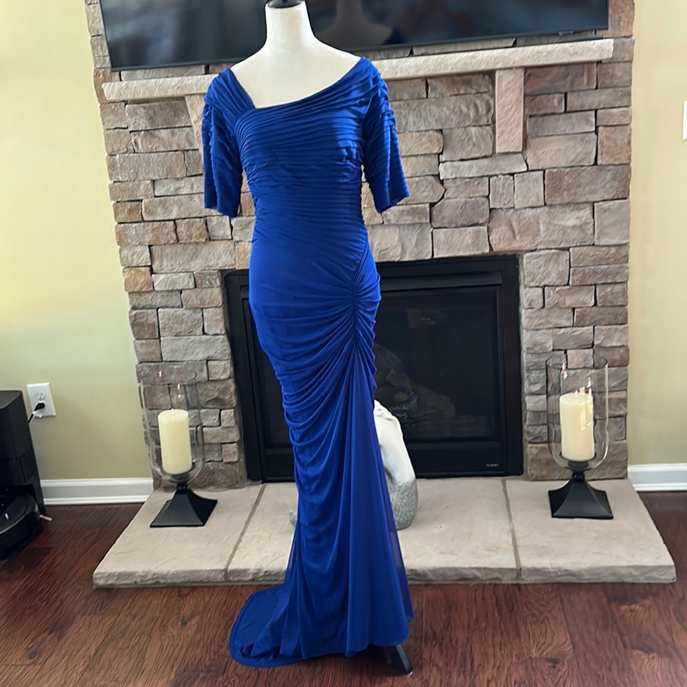 Designer Tadashi Shoji semi formal royal blue dress with asymmetric neck